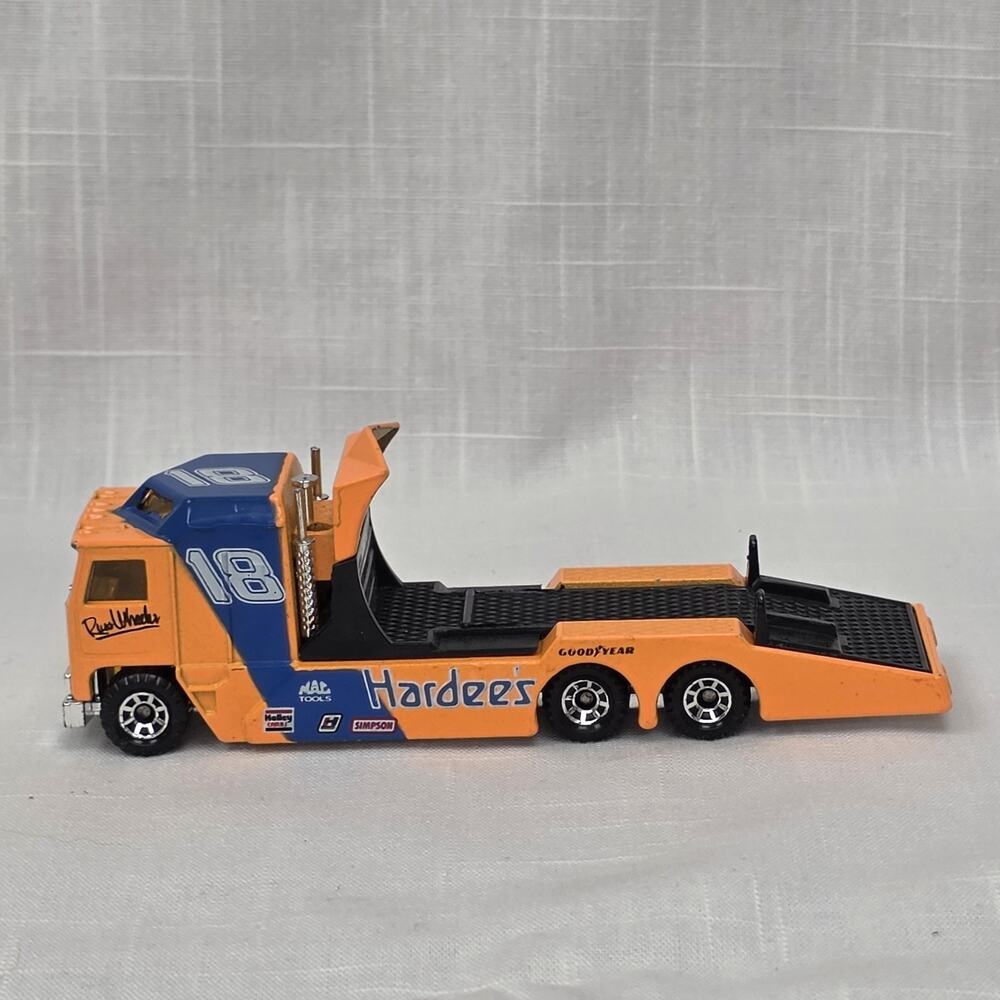 1983 Matchbox Kenworth Car Transporter Hardee’s #18 Race Team Hauler Diecast